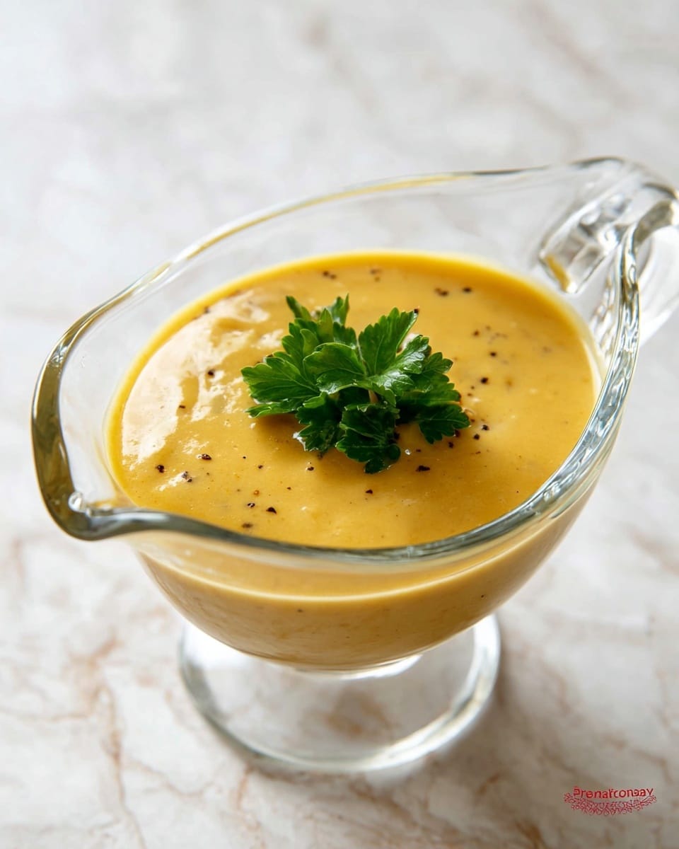 The image shows a smooth, golden-yellow sauce in a clear glass gravy boat placed on a white marbled surface. The sauce has a creamy texture with small black specks of pepper scattered on top. On the center of the sauce, there is a small cluster of fresh green parsley leaves that add a pop of color. The gravy boat has a spout on one side and a curved clear glass handle on the opposite side, and it sits on a small round glass base. The photo taken with an iphone --ar 4:5 --v 7