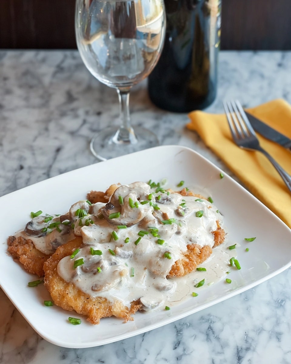 A white square plate shows three pieces of golden-brown fried meat laid flat, covered generously with a creamy white mushroom sauce that has visible soft mushroom pieces mixed in. Small green chives are sprinkled lightly over the sauce and around the edges of the meat. In the background, there is a clear empty wine glass, a dark bottle, and a folded yellow napkin with a fork and knife on top, all set on a white marbled surface. photo taken with an iphone --ar 4:5 --v 7