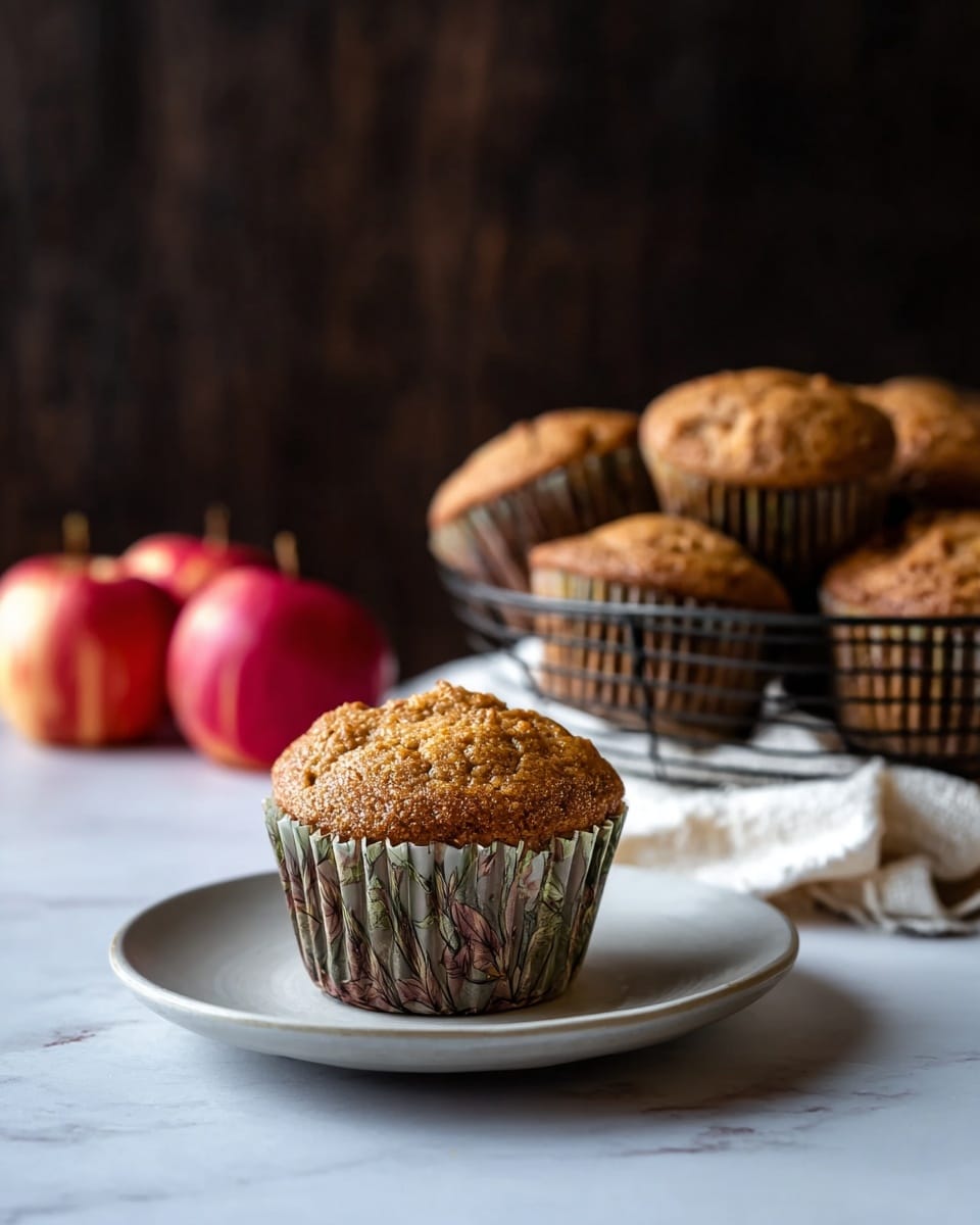 A single golden-brown muffin with a textured top sits centered on a plain white plate against a soft white marbled surface. The muffin is wrapped in a patterned paper liner with muted green and brown hues. Behind the plate, there is a wire basket filled with several more muffins in similar liners, softly stacked on a white cloth. To the left, there are three red apples resting on the white marbled surface, adding a splash of vibrant color to the scene. The background is dark and blurred, focusing attention on the muffins and apples. photo taken with an iphone --ar 4:5 --v 7