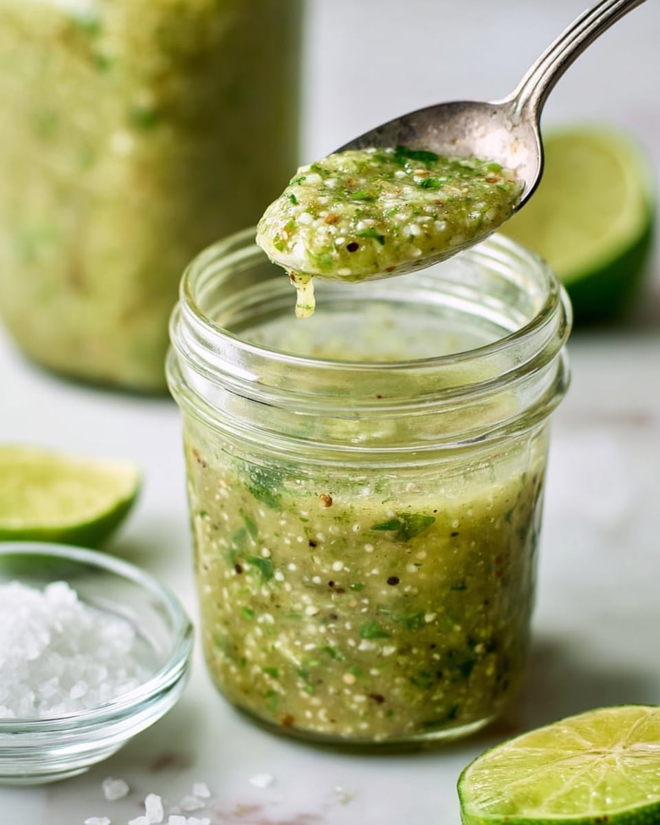 A clear glass jar is filled with a thick green sauce that has a coarse texture with visible small bits of white seeds, chopped green herbs, and black pepper specks. A silver spoon is scooping some sauce from the jar, showing its chunky mix and moist consistency. Behind the jar, there is another jar filled with the same sauce, slightly out of focus. To the left, two halves of a lime with pale green flesh rest on the white marbled surface, next to a small clear bowl filled with white salt crystals. The overall scene has soft lighting and a clean, fresh look. photo taken with an iphone --ar 4:5 --v 7