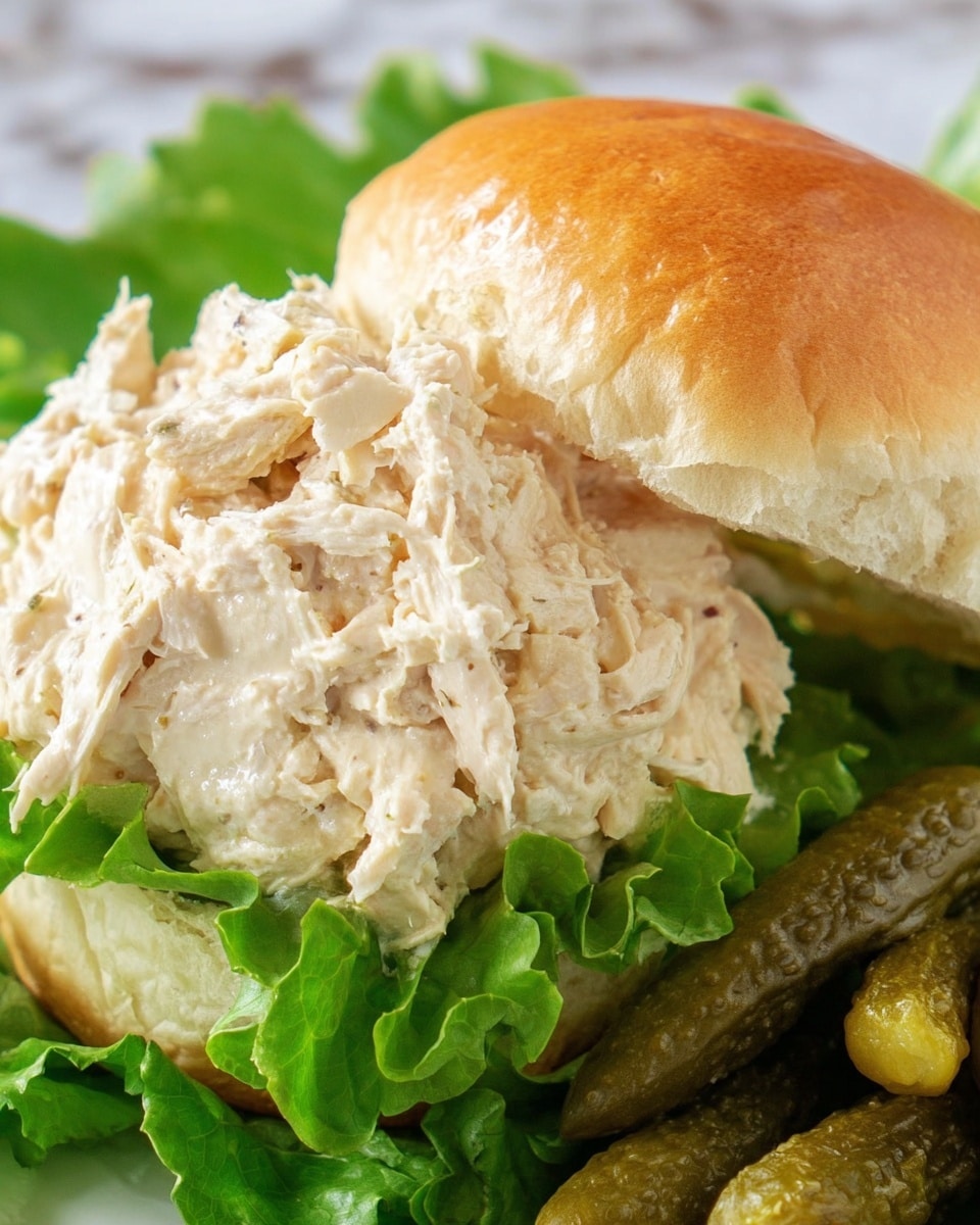 A close-up view of a chicken salad sandwich on a white bun with a soft, slightly golden top layer. Inside the sandwich, there is a creamy, pale beige chicken salad mixture with a shredded texture. The sandwich sits on fresh green leafy lettuce, which adds a vibrant green layer under and around the chicken salad. To the side, there are several small pickles, dark green and textured, adding contrast to the fresh look of the sandwich. The background surface is a white marbled texture. Photo taken with an iphone --ar 4:5 --v 7