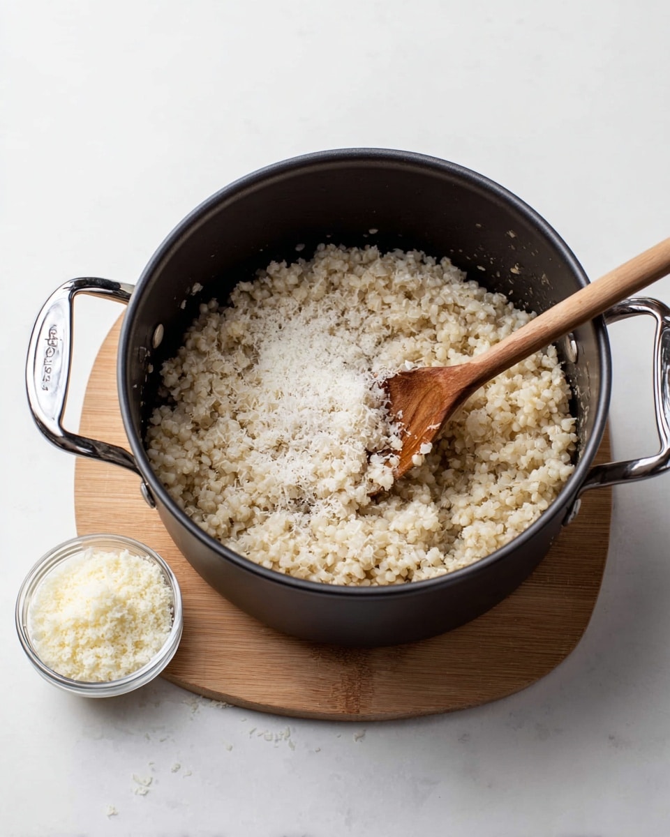 A black cooking pot with two silver handles sits on a light wood board over a white marbled surface. Inside the pot is a single layer of small, creamy beige grains that look soft and slightly sticky. On top of these grains is a thin sprinkle of white grated cheese. A wooden spoon with a long light brown handle stirs the grains, showing some cheese stuck on the spoon's head. Next to the pot on the white marbled surface is a small clear glass bowl filled with more white grated cheese. Photo taken with an iphone --ar 4:5 --v 7