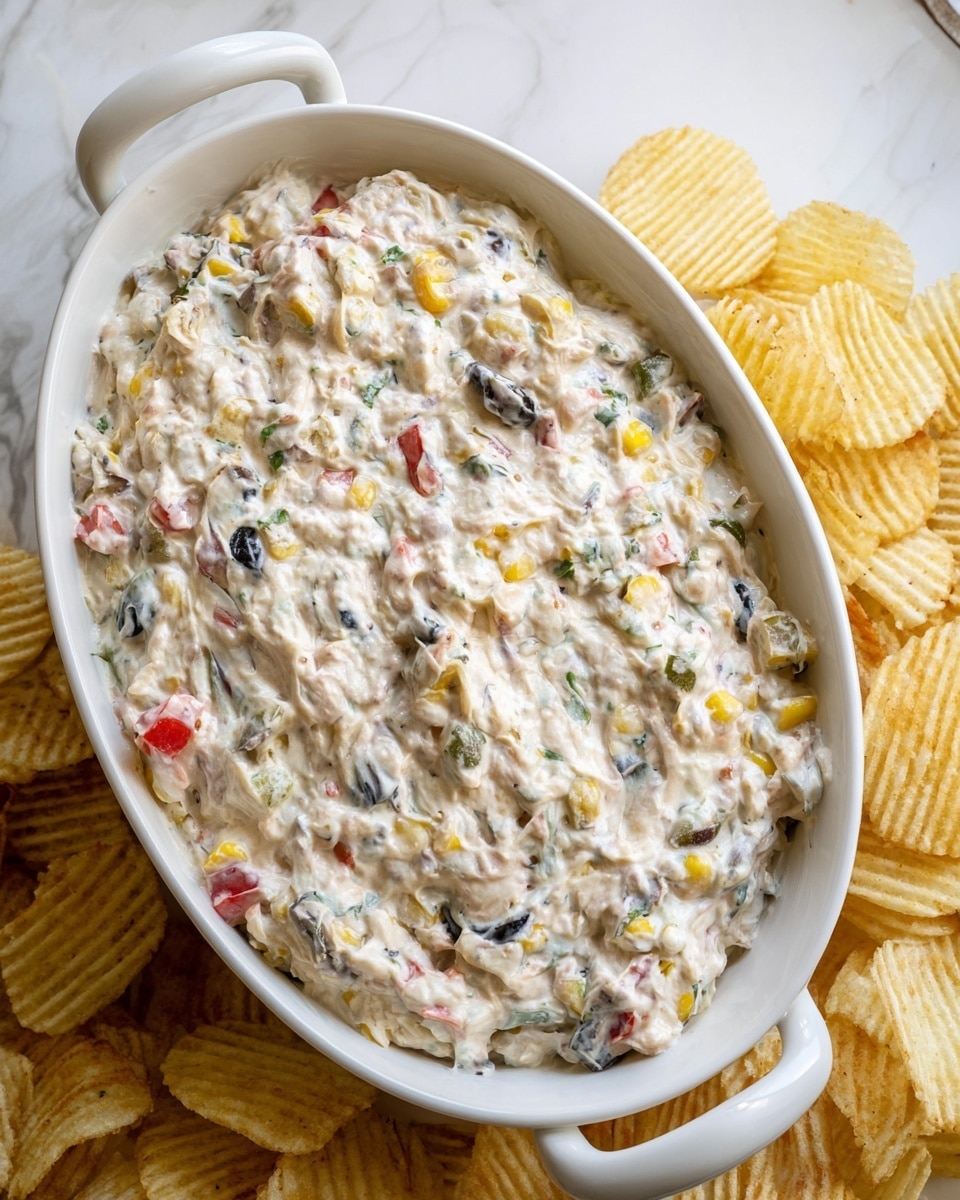 A close-up view of a creamy dip in a white oval dish with curved handles on each side, filled to the top with a mixture showing visible pieces of dark green olives, red bell peppers, yellow corn, and green herbs mixed into a thick white base. The texture looks rich and slightly chunky, and the dish is placed on a white marbled surface next to a pile of ridged potato chips that have a light golden yellow color. Photo taken with an iphone --ar 4:5 --v 7