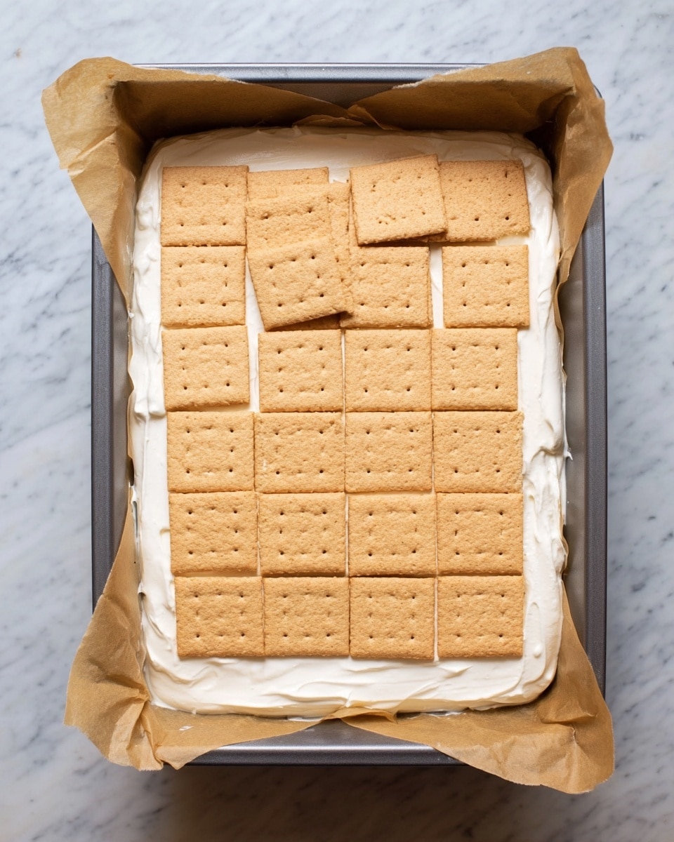 The image shows a rectangular baking pan lined with parchment paper, holding a dessert with two clear layers. The bottom layer is a smooth, thick white cream filling that spreads evenly across the whole pan. On top of this layer, there is a single layer of light tan square crackers arranged closely in a grid, some slightly broken but still aligned to cover the cream underneath. The pan sits on a white marbled surface. photo taken with an iphone --ar 4:5 --v 7
