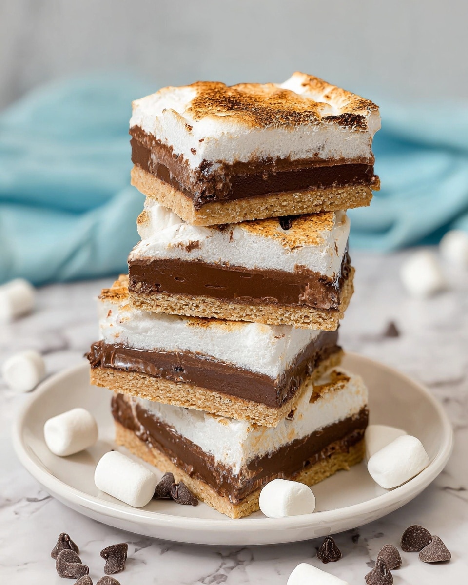 A stack of five layered s'mores bars stands on a white plate, each bar made of three clear layers: a thin beige cracker base, a thick middle layer of smooth dark brown chocolate, and a top fluffy white marshmallow layer. The edges of the marshmallow are slightly melted over the chocolate. Scattered around the plate are small white marshmallows and dark brown chocolate chips. The plate sits on a white marbled surface with a soft blue cloth in the background. photo taken with an iphone --ar 4:5 --v 7