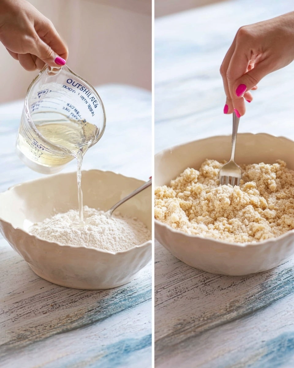 The image shows two side-by-side photos of a white ceramic bowl on a white marbled texture. In the left photo, a clear liquid is being poured from a glass measuring cup into a bowl filled with white flour, with a woman's hand holding a small fork in the bowl. The right photo shows the same bowl now filled with a crumbly, light beige mixture being stirred by two woman's hands, each with painted pink nails, using a small fork. The background is softly blurred to keep focus on the bowl and mixing action. photo taken with an iphone --ar 4:5 --v 7