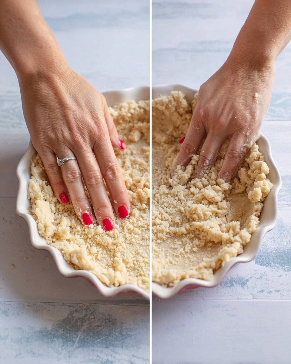 Two images side by side show a woman’s hands pressing crumbly light beige dough into a white ceramic pie dish. The dough looks uneven with small lumps and is spread in one thick layer along the bottom and curved sides of the dish. Her hands, with bright red nail polish and a ring on one finger, gently shape and smooth the dough to fit the edges. The dish sits on a surface with a white marbled texture. photo taken with an iphone --ar 4:5 --v 7