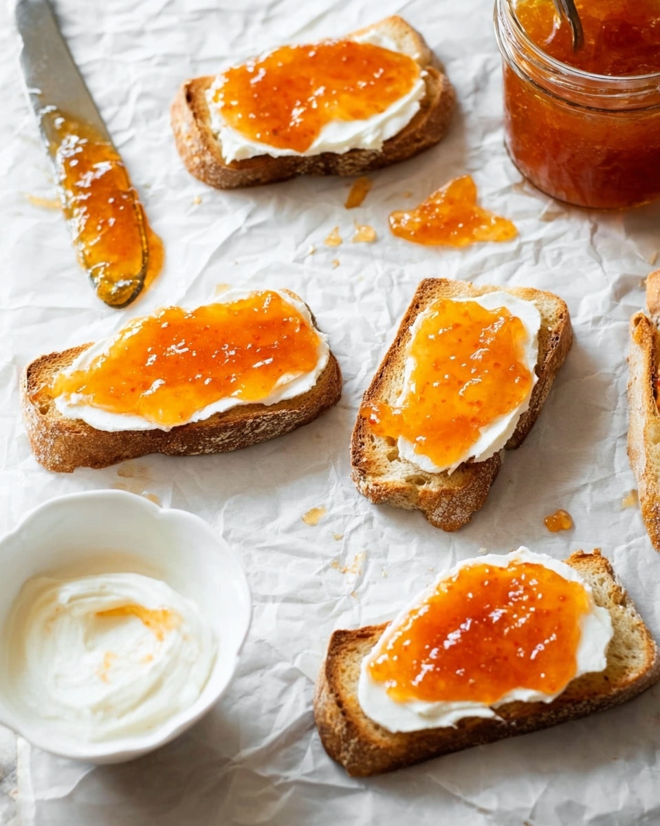 Several toasted slices of bread with a rough, golden-brown crust are laid out on crinkled white paper over a white marbled surface. Each slice has two layers: a thick, creamy white spread on the bottom, and a glossy, bright orange jam spread unevenly on top. A small white bowl filled with the creamy spread sits in the bottom left corner, while a clear glass jar of the orange jam is near the top right. There is also a butter knife to the left with some jam on it, and the background and surface are softly lit under natural light. photo taken with an iphone --ar 4:5 --v 7