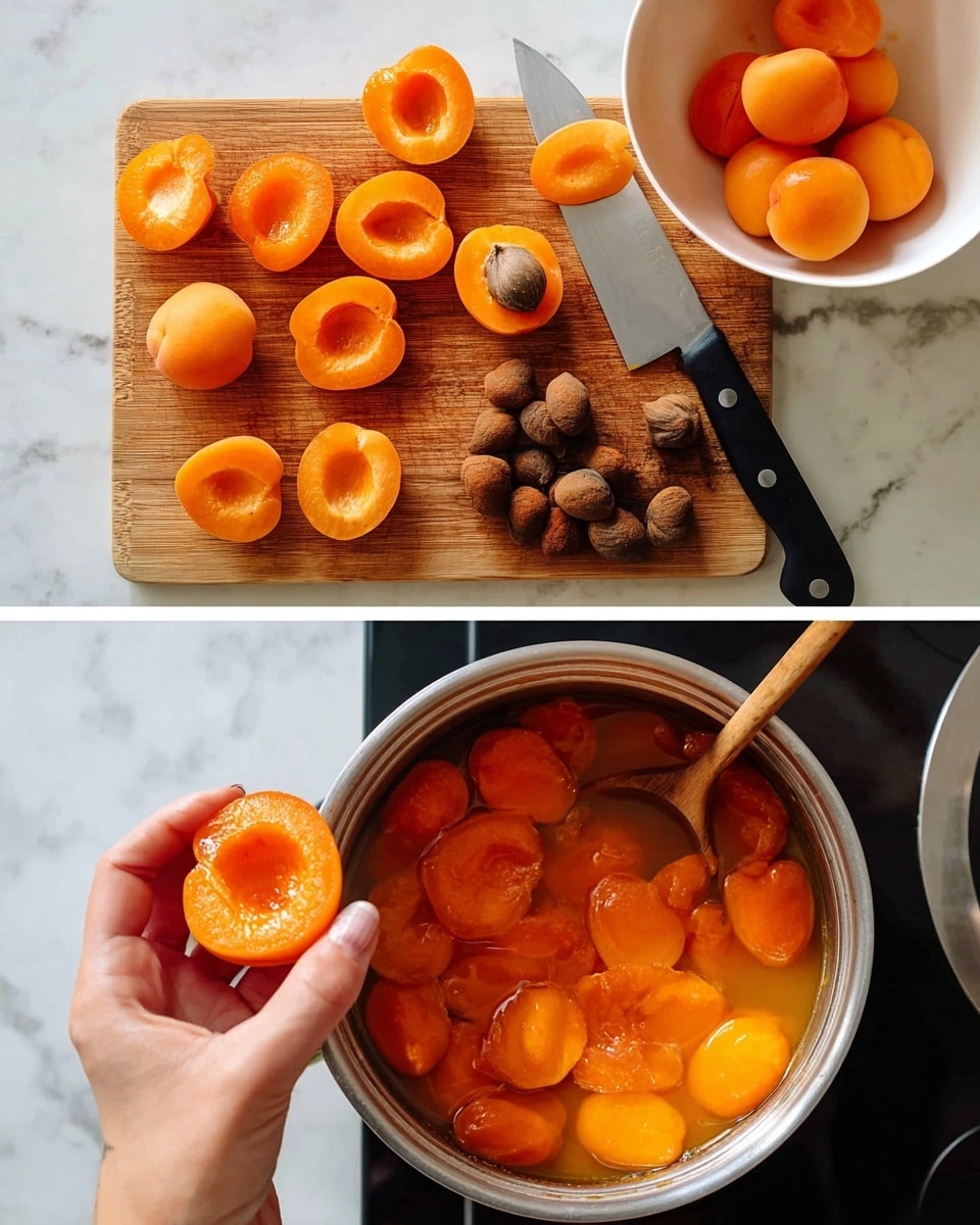 The first image shows a wooden cutting board on a white marbled surface with many bright orange apricot halves neatly arranged, some stacked and others lying flat. A woman's hand is holding an apricot half with the brown pit inside in the process of removing it, while a knife with a black handle rests on the cutting board near a pile of dark brown apricot pits. To the top right, there is a white bowl with a whole apricot inside. The second image shows a silver pot filled with peeled apricot halves immersed in a light orange liquid with a wooden spoon stirring them; the scene is set on a black stove surface. photo taken with an iphone --ar 4:5 --v 7