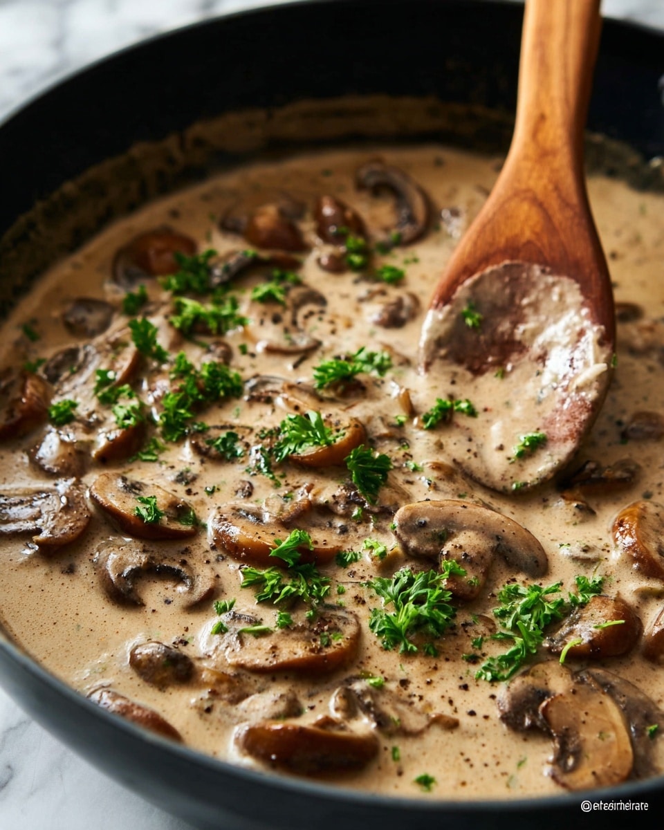 A close-up of a pan filled with creamy mushroom sauce showing many sliced brown mushrooms in a thick light brown sauce. Small bright green chopped parsley is scattered on top. A wooden spoon is stirring the sauce on the right side, partially covered in sauce. The pan is black and the background shows a white marbled texture photo taken with an iphone --ar 4:5 --v 7