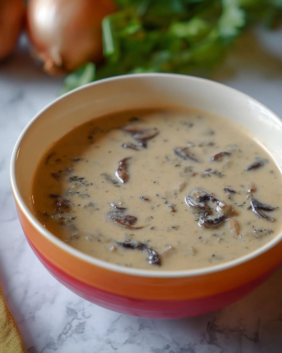The image shows a white bowl with an orange rim filled with rich, creamy beige soup containing small dark brown mushroom pieces scattered evenly throughout. The bowl sits on a white marbled surface. In the background, there are blurred onions and green leafy vegetables, adding a hint of natural color to the scene. Photo taken with an iphone --ar 4:5 --v 7