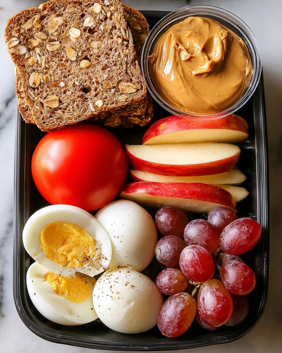 A black rectangular container holds a snack mix on a white marbled surface. At the top left, there are two square pieces of brown bread stacked slightly on each other, with a rough texture and some seeds visible. To the right of the bread is a small clear round bowl filled with smooth, light brown peanut butter. Below the bread, there is a whole red tomato with a white band wrapped around its middle. Below the tomato, two hard boiled eggs are placed side by side; one is whole and white with tiny black pepper spots, while the other is cut in half showing a yellow yolk sprinkled with some salt and pepper. Next to the eggs, in the bottom right corner, there are red grapes with a shiny surface, clustered together. Above the grapes, in the middle right area, is a sliced apple with red and yellow skin, the slices arranged in a slightly fanned-out manner. Photo taken with an iphone --ar 4:5 --v 7