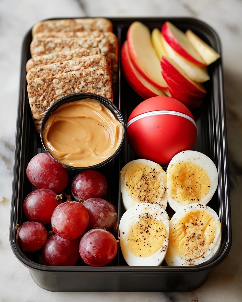 A rectangular black food container is filled with five main sections. On the left, there are two light brown, multigrain crackers leaning against the container's edge. Next to them, a small round black cup is filled with smooth, light brown peanut butter. Beside the cup, a round red wax-coated cheese ball with a white strip runs horizontally around the middle. In the middle section, there is a sliced red and green apple with a shiny texture, its slices closely arranged. To the right, a bunch of red grapes fills the lower corner with a smooth and glossy surface. Finally, three hard-boiled egg halves with a white outer layer and yellow yolks, some sprinkled with black pepper, occupy the front bottom right corner. The containers rest on a white marbled surface. Photo taken with an iphone --ar 4:5 --v 7