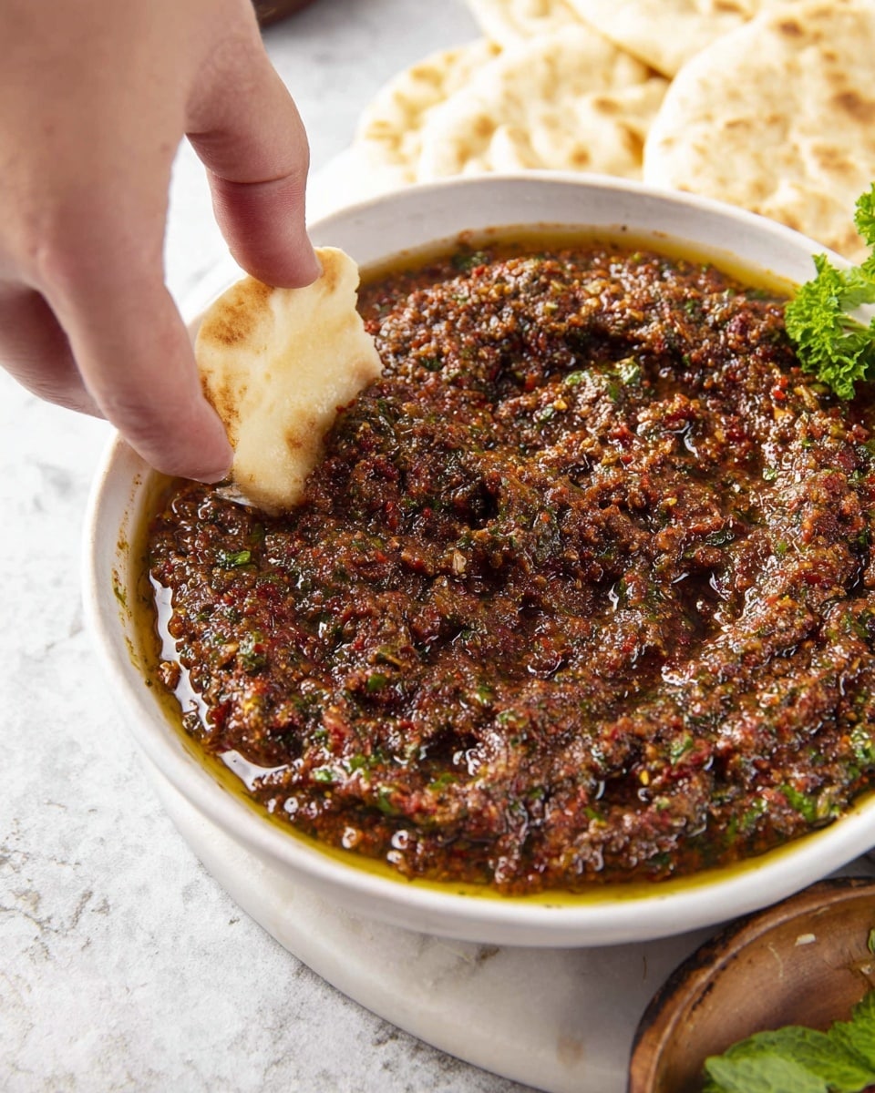 A white bowl filled with a thick, coarse-textured dip that is dark reddish-brown with small green herb bits throughout, sitting on a white marbled surface. The dip has a shiny layer of oil on top, giving it a glistening appearance. A woman's hand is dipping a small piece of light beige flatbread into the dip, with a small sprig of green herb visible near the edge of the bowl. There are a few flatbreads placed on the table nearby. Photo taken with an iphone --ar 4:5 --v 7