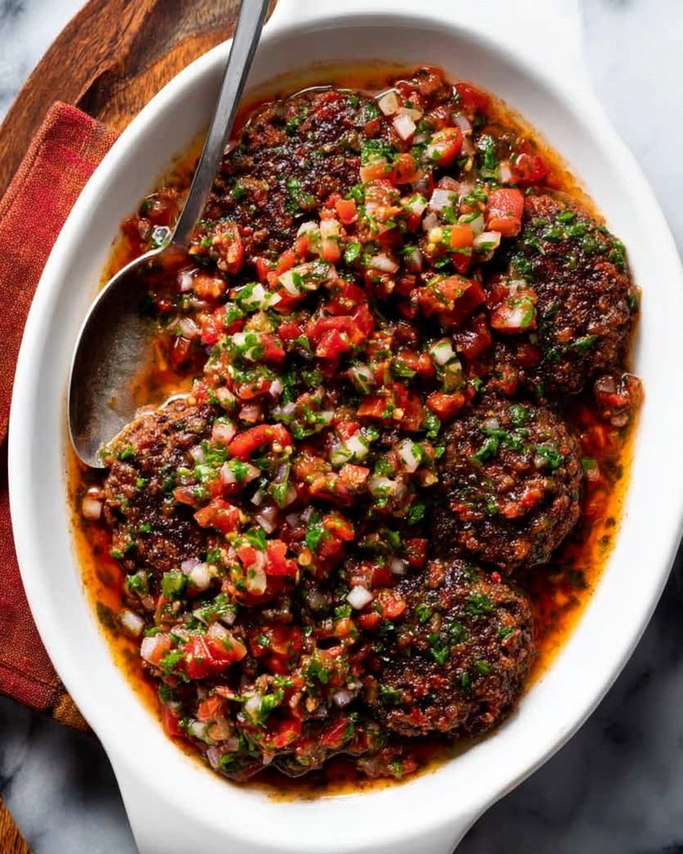 The image shows a white oval dish filled with four evenly shaped patties covered in a chunky salsa sauce. The patties are dark brown with a slightly crisp texture, arranged side by side in the middle of the dish. The chunky salsa layer on top is thick, with a mix of finely chopped red tomatoes, green herbs, white onions, and small bits of red and green peppers, giving a colorful, fresh look. The dish is placed on a white marbled surface, with a silver spoon resting inside the dish on the left side, slightly touching the patties and salsa. Photo taken with an iphone --ar 4:5 --v 7