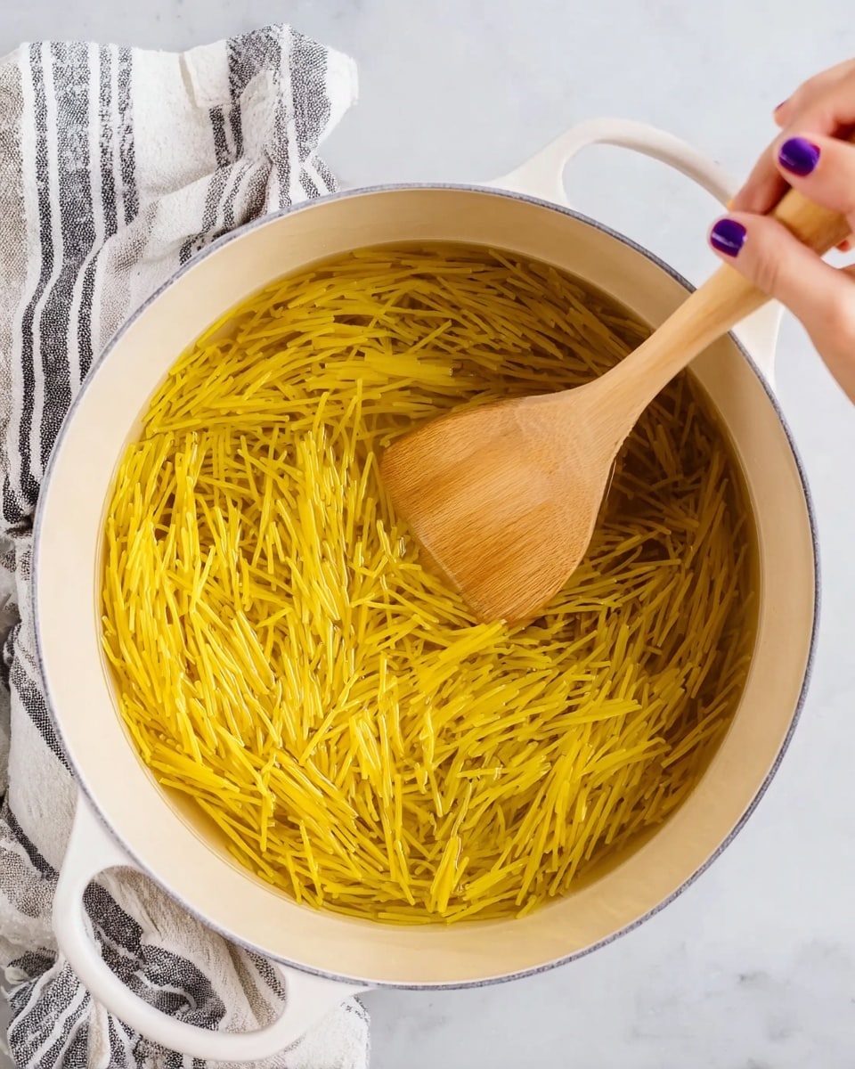 A large white pot filled with thin yellow pasta strands submerged in clear water. A wooden spatula held by a woman's hand with purple nail polish is stirring the pasta inside the pot. The pot sits on a white marbled surface with a striped towel nearby. The thin pasta strands create a textured look in the water, spread evenly through the pot. Photo taken with an iphone --ar 4:5 --v 7