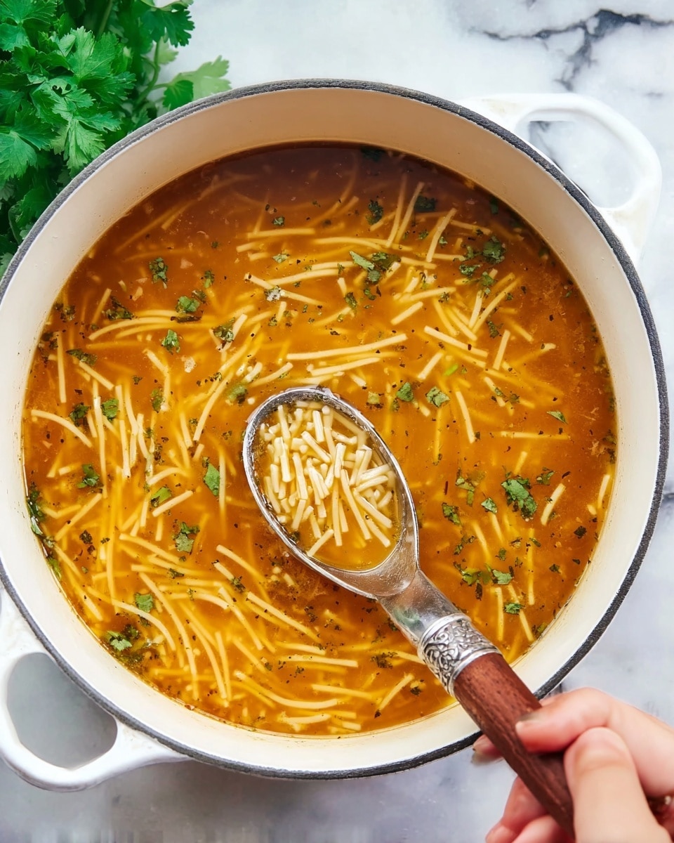 A white pot filled with clear orange broth that has thin, short noodles spread evenly throughout. Small green herb leaves float on the top, adding a touch of color contrast. A woman’s hand holds a large silver spoon with a wooden handle, lifting some of the noodles and broth from the pot. The pot rests on a white marbled surface with a glimpse of green leaves in the background. Photo taken with an iphone --ar 4:5 --v 7
