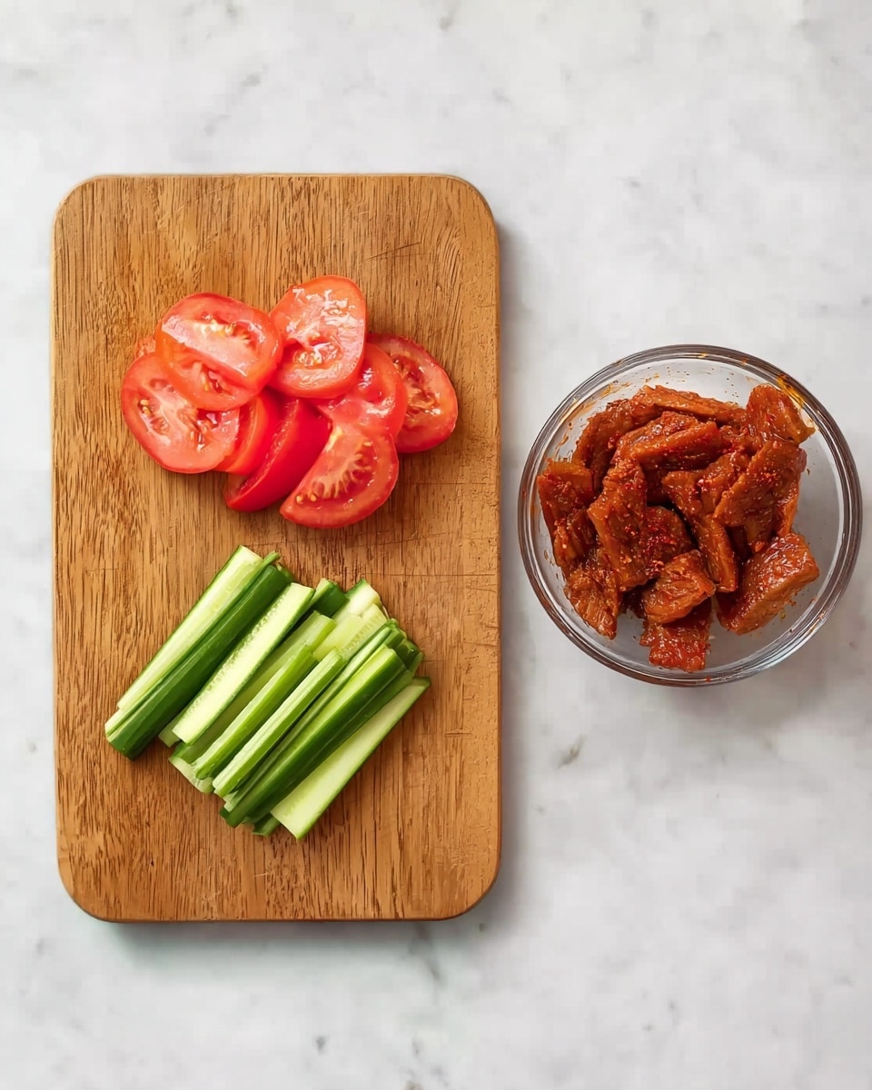 A wooden cutting board is placed on a white marbled surface. The board holds two groups of fresh vegetables: on the left side, bright red tomato slices with a juicy texture, and on the right side, long green cucumber sticks with a crispy look. Next to the board, on the right, there is a clear glass bowl with raw pieces of marinated meat that are reddish-brown with spice seasoning visible. photo taken with an iphone --ar 4:5 --v 7