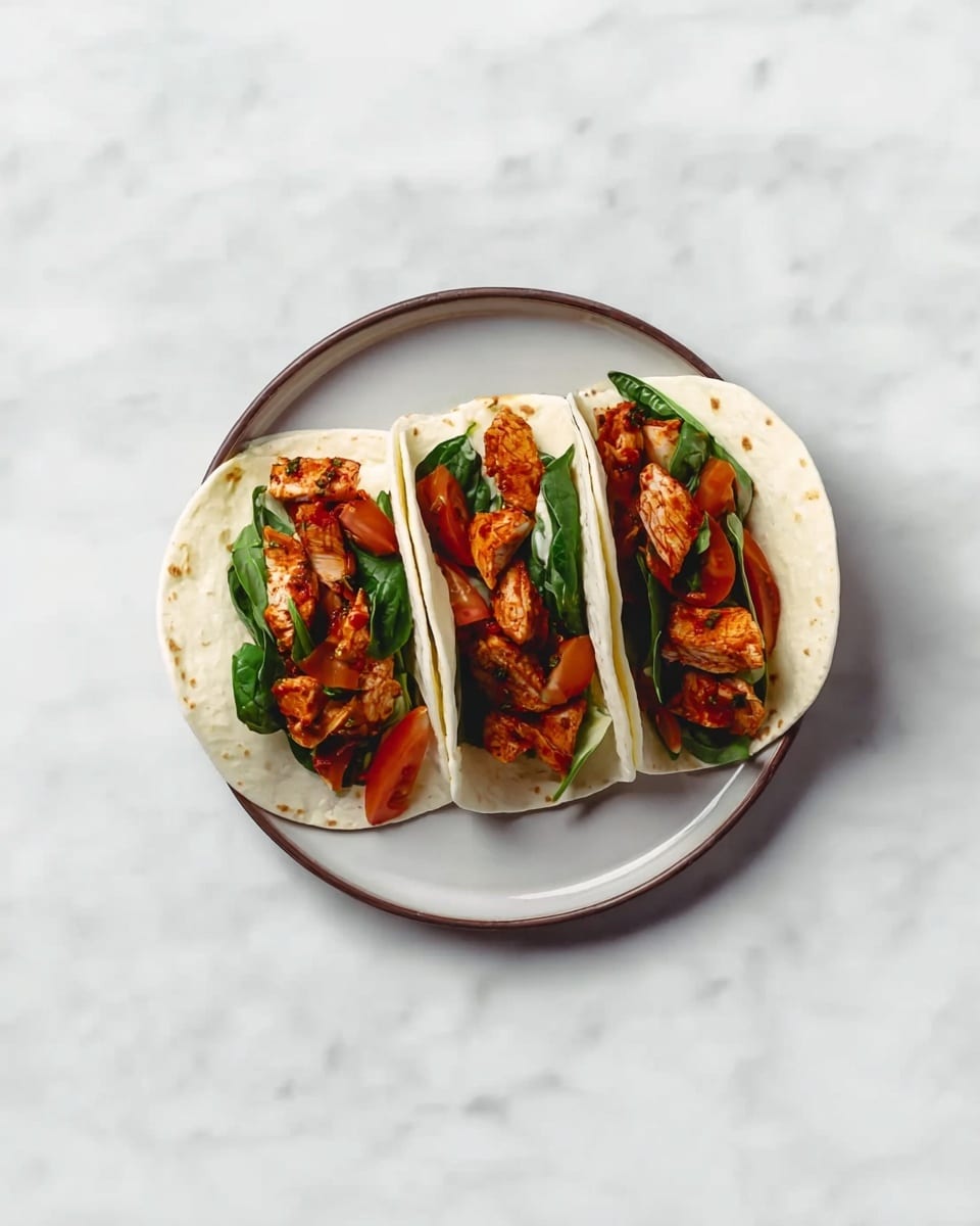 Three small soft white tortillas are placed on a round white plate, each folded in the middle. Inside each tortilla is a layer of cooked reddish-brown chicken pieces with a slightly crispy texture. Fresh green spinach leaves are layered above the chicken in each tortilla, along with thin slices of bright red tomato. The plate sits on a white marbled textured surface. photo taken with an iphone --ar 4:5 --v 7