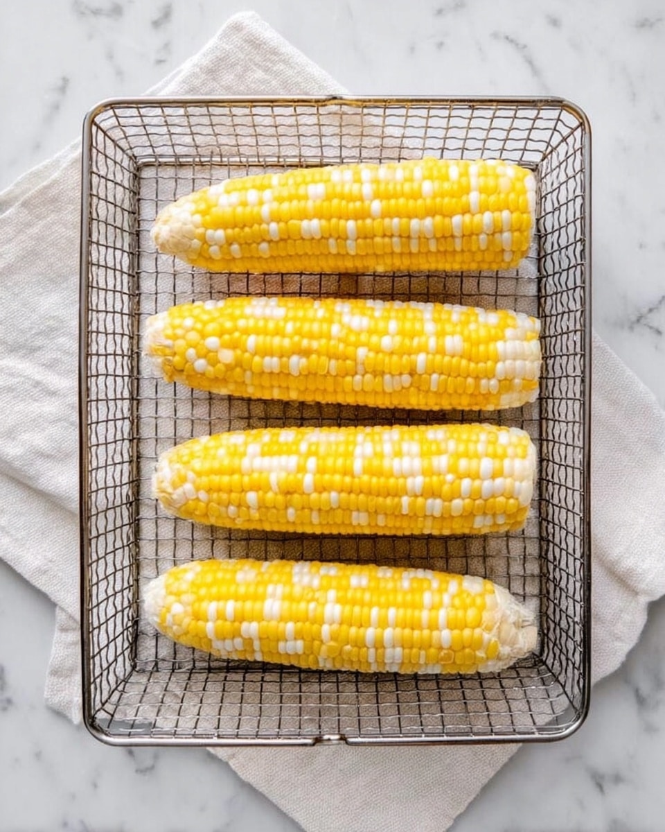 The image shows four ears of corn placed side by side on a rectangular metal grill rack with a grid pattern. Each ear has bright yellow and creamy white kernels, evenly spread in rows. The rack rests on a white cloth, which is on a white marbled surface. The corn pieces are positioned horizontally and set neatly in the center of the grill rack. Photo taken with an iphone --ar 4:5 --v 7