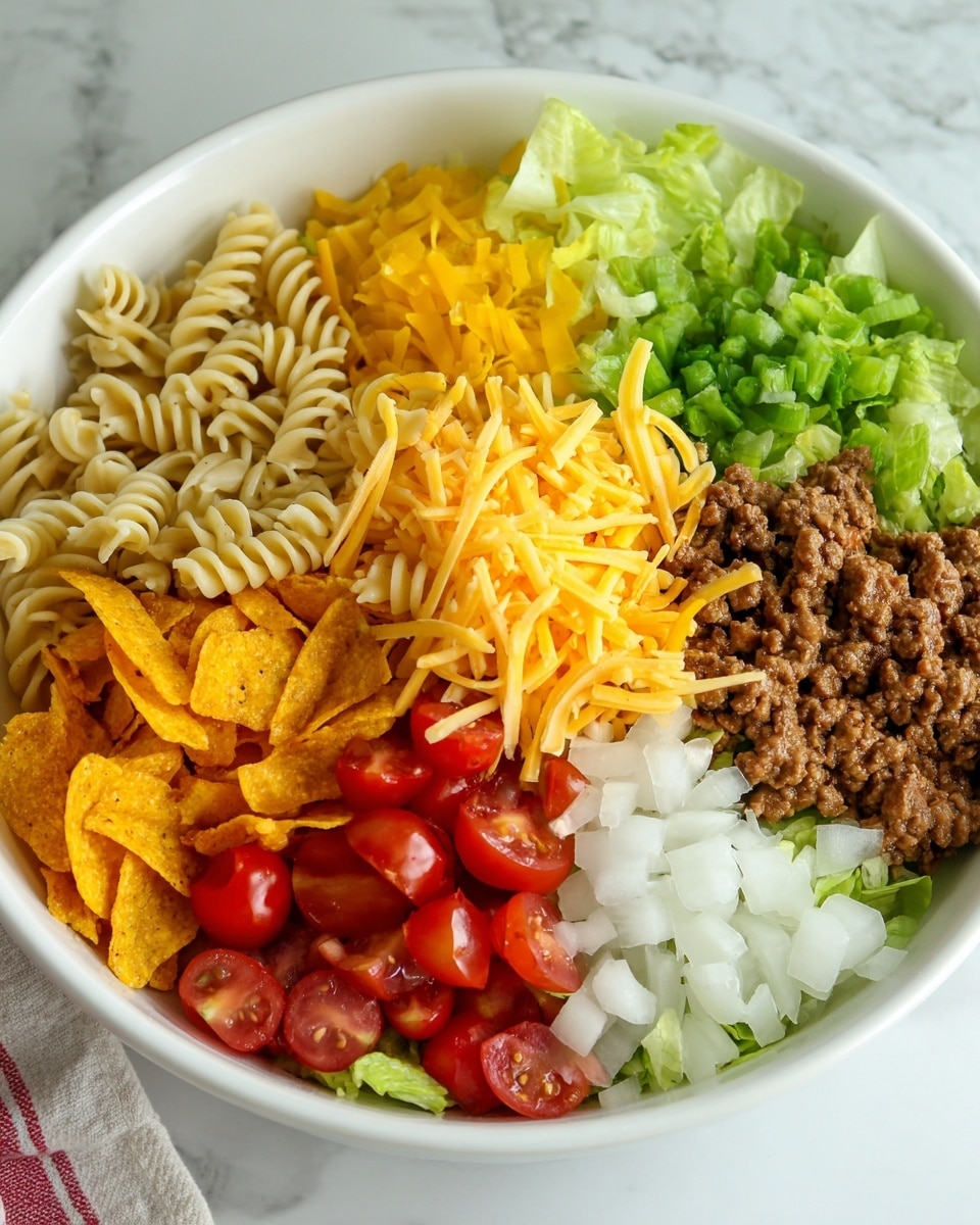 A white bowl filled with eight separate layers forming a colorful salad: cooked spiral pasta beige on the left, chopped yellow bell peppers next, halved small red cherry tomatoes below, diced white onions to the right, crushed orange tortilla chips next to the onions, shredded yellow and white cheese above the chips, cooked ground beef brown in the center, and chopped green lettuce on the top right, all arranged on a white marbled surface photo taken with an iphone --ar 4:5 --v 7