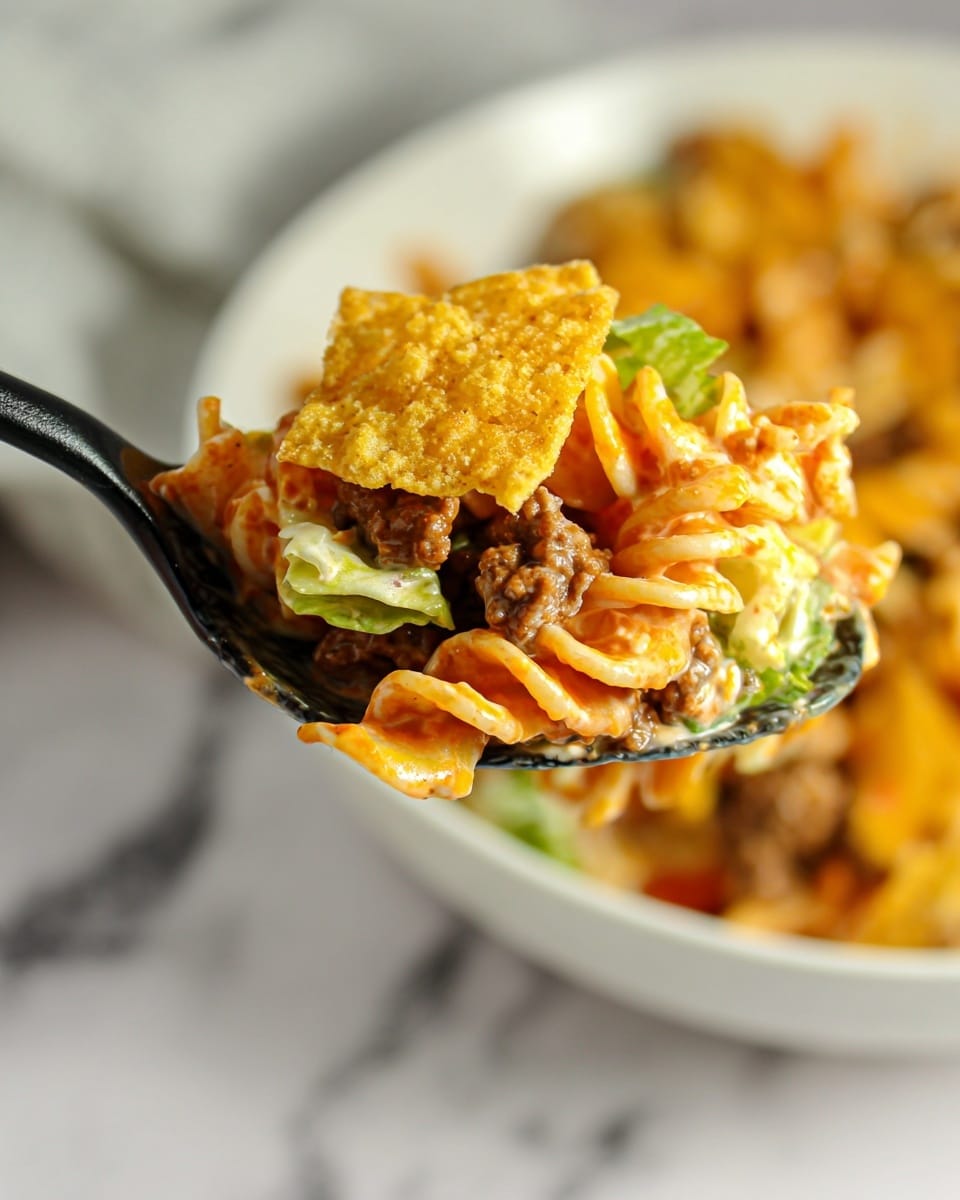 A close-up view of a spoonful of layered pasta salad shows three main layers: the top layer has golden-yellow crispy chips with a slightly rough texture, the middle layer contains spiral-shaped pasta with an orange creamy sauce that coats each piece, and the bottom layer has small pieces of brown cooked meat mixed with some green lettuce and shredded cheese. The spoon is black and scooping this mixture, with a blurred white plate and a white marbled surface in the background. photo taken with an iphone --ar 4:5 --v 7
