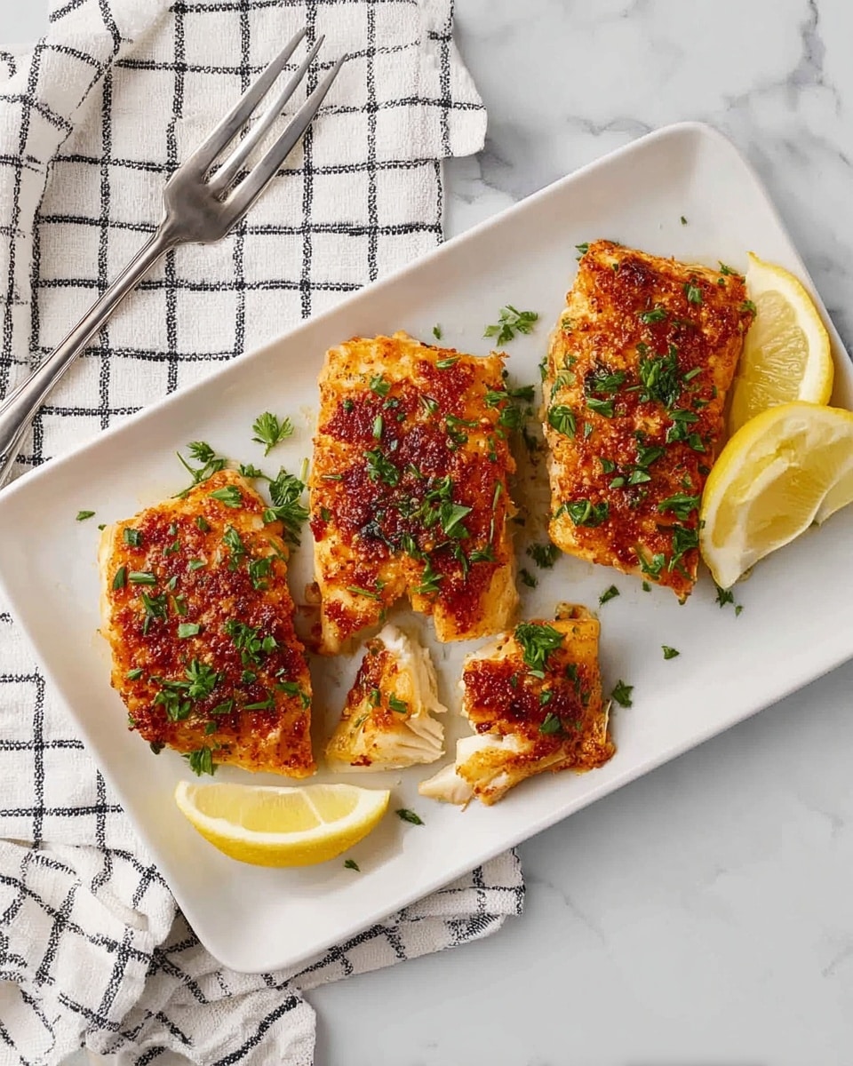Four pieces of cooked fish with a golden brown, spicy crust sprinkled with chopped green herbs, placed on a white rectangular plate. Two lemon wedges are positioned near the fish on the plate. The plate is set on a white marbled surface with a white cloth featuring a black grid pattern to the left. A silver fork rests on top of the cloth, near the plate. Photo taken with an iphone --ar 4:5 --v 7