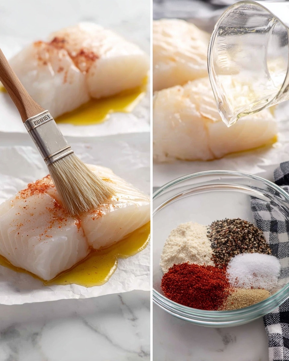 The image shows two side-by-side close-up shots. On the left, there are three pale, raw fish pieces placed on white parchment paper over a white marbled surface. A wooden brush with light bristles is spreading a shiny yellow oil layer on the fish closest to the front. On the right, a clear glass bowl sits on the same white marbled surface with a black and white checkered cloth next to it. Inside the bowl, there are separate piles of black pepper, red spice, white salt, and a light beige powder. A clear glass container is tipping over, pouring a light liquid over the spices. In the background, there are two pieces of the same raw fish resting on white parchment paper. photo taken with an iphone --ar 4:5 --v 7