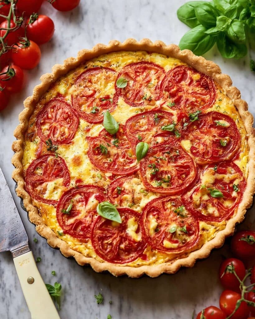 Homemade Tomato Pie with Cheddar, Parmesan, and Bacon Recipe