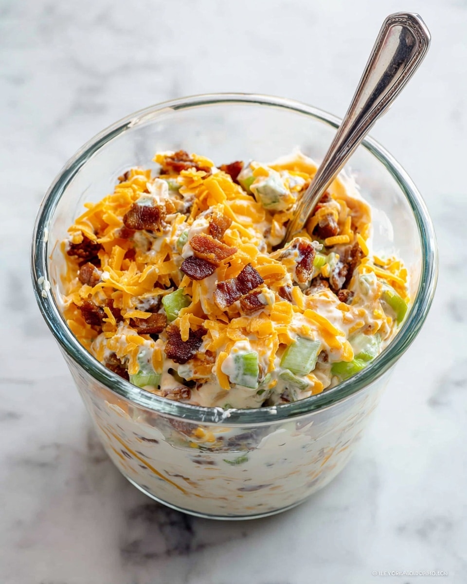 A clear glass measuring cup filled with a thick mixture of four main layers: shredded bright orange cheddar cheese, small chopped green celery pieces, small dark brown bacon bits, and creamy white dressing all mixed together. A silver spoon stands in the cup, slightly buried in the mixture. The cup is sitting on a white marbled surface. photo taken with an iphone --ar 4:5 --v 7