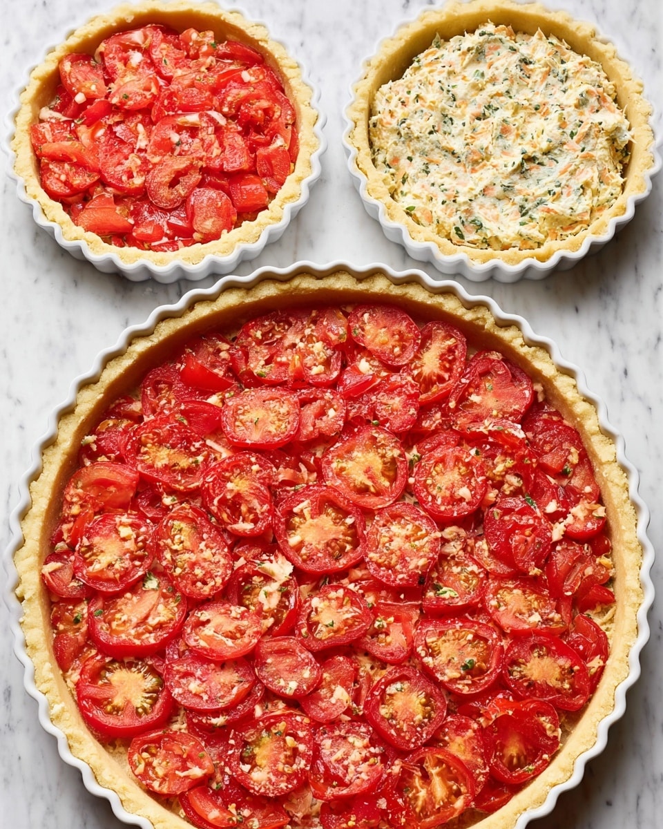 A white tart pan with a fluted edge sits on a white marbled surface, showing a sequence of layering. The first layer is a plain, light tan crust evenly pressed into the pan. On top, bright red tomato slices are arranged to cover the surface. Next, a creamy, speckled mixture of cheese, herbs, and bits of other ingredients spreads evenly in a thick layer. More tomato slices form a dense red layer over this. Another dollop layer of the creamy mixture is placed irregularly on top. The mixture is then smoothed over to cover the tomatoes. A final layer of tomato slices covers the surface, before baking shows the top layer cooked to a deep red with some browned spots, while the crust is golden brown. Photo taken with an iphone --ar 4:5 --v 7