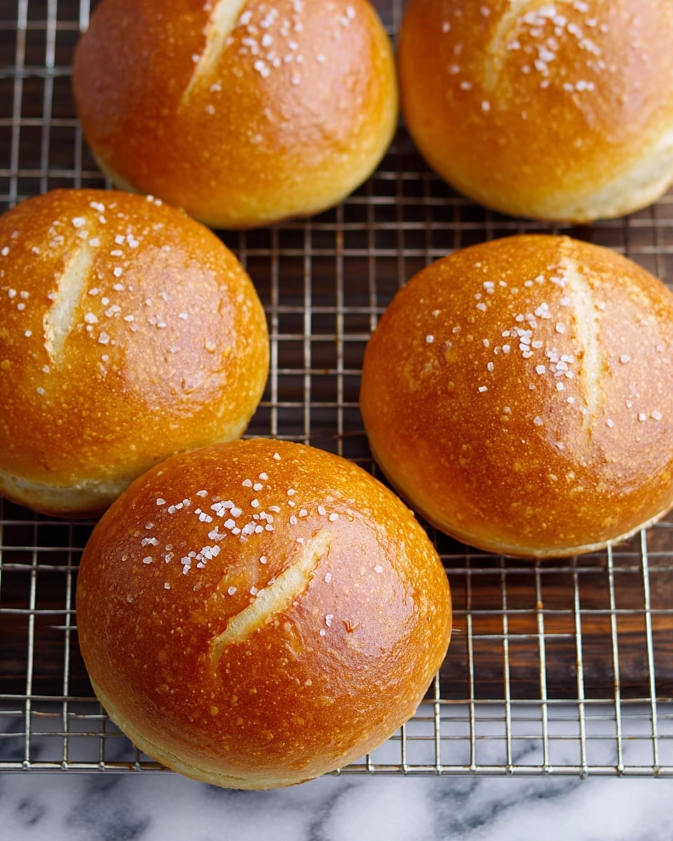 The image shows five golden brown round buns with two short slits on top of each, sprinkled with coarse salt crystals. The buns have a smooth, shiny crust and are placed on a silver cooling rack. The background is a white marbled surface with a wooden texture partially visible. The buns appear soft and freshly baked, with a rich amber color on top. photo taken with an iphone --ar 4:5 --v 7