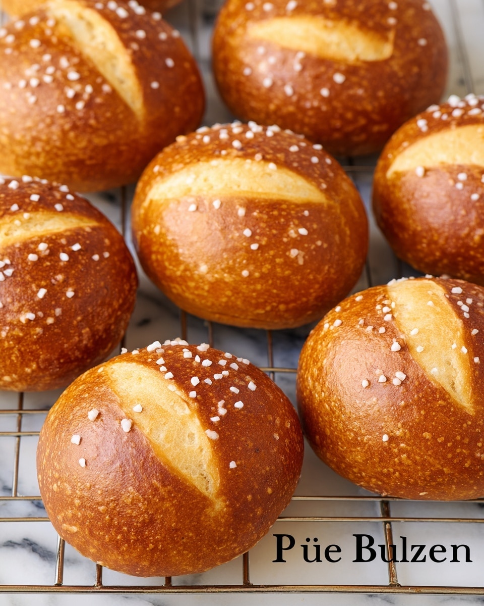 The image shows a close-up view of several pretzel buns arranged on a metal cooling rack. Each bun is round and golden brown with a shiny, slightly textured crust. They have two or three shallow slashes across the top, exposing the lighter inner bread. Coarse white salt crystals are sprinkled evenly on the surface of the buns. The cooling rack is placed on a white marbled surface that adds a clean and bright background to the image. Photo taken with an iphone --ar 4:5 --v 7