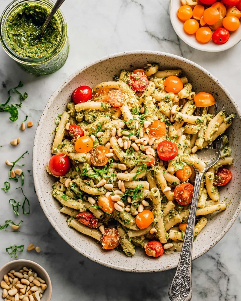 A large light speckled bowl sits on a white marbled surface, filled with a layered pasta dish. The base layer is short tubular pasta, light beige, coated with patches of green pesto sauce mixed throughout. Scattered inside the pasta are halved cherry tomatoes in bright red and orange hues, adding pops of color. Light beige pine nuts are sprinkled evenly on top, along with fresh chopped basil leaves adding small green flecks. A silver fork with intricate floral patterns rests inside the bowl on the right side, partially immersed in the pasta. To the upper left, a jar of green pesto with a spoon inside is visible, and to the upper right, a small white bowl contains whole orange cherry tomatoes. A few pine nuts and tiny green basil bits are casually scattered on the marbled surface around the bowl. photo taken with an iphone --ar 4:5 --v 7