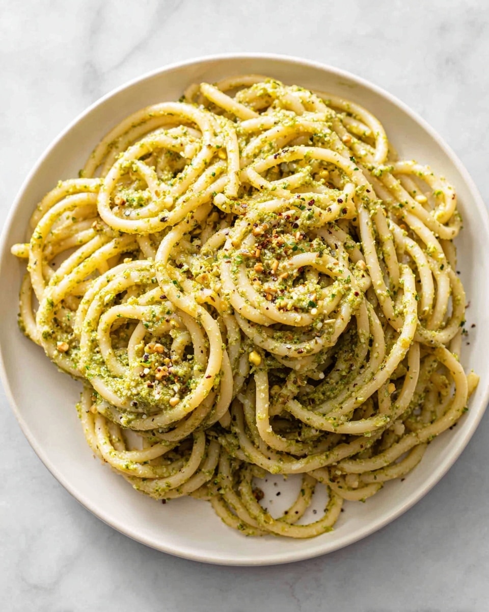 A round white plate filled with one main layer of thick, twisted spaghetti noodles tossed lightly in a green pesto sauce. The pesto coating is unevenly spread, showing the creamy and slightly chunky texture, with specks of herbs and small bits of nuts visible. The spaghetti strands are pale yellow, soft and slightly glossy, and sprinkled with dark pepper flakes. The plate rests on a white marbled surface. photo taken with an iphone --ar 4:5 --v 7
