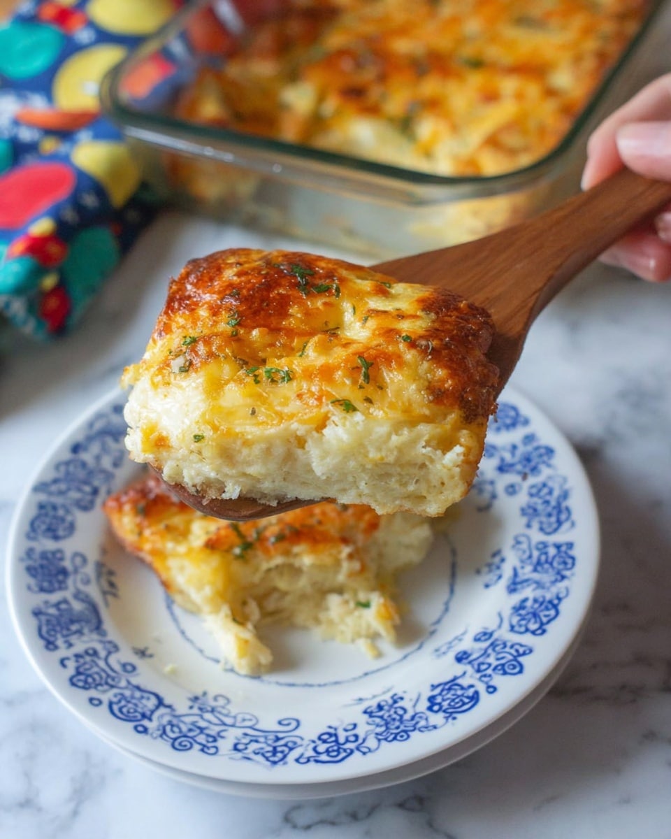 A thick square slice of golden brown baked dish, with a crispy cheesy top layer showing hints of melted cheese and small green herb bits, is being lifted by a wooden spatula. The slice has a creamy, soft, pale yellow inside with some light air pockets visible. The slice is placed on a white plate with blue decorative patterns around the edge, held by woman's hand. The baking dish below is glass, showing the rest of the dish with the same golden crust and creamier inside. The background is a white marbled texture with a colorful cloth underneath the glass dish. photo taken with an iphone --ar 4:5 --v 7
