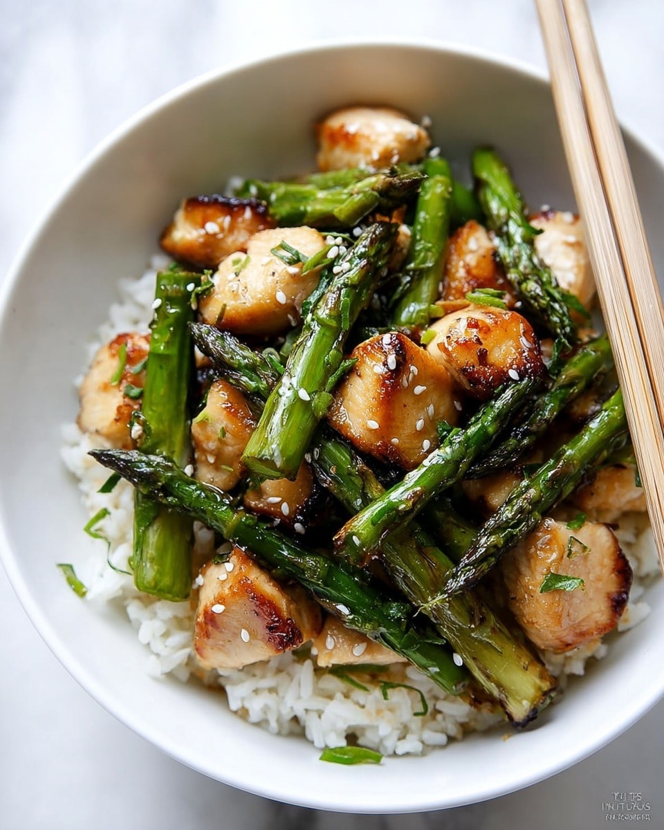 A white bowl filled with a base layer of white rice, topped with chunks of golden-brown cooked chicken pieces with a slightly crisp outside, mixed with bright green roasted asparagus spears that have a light char. The dish is sprinkled with small white sesame seeds and positioned next to a pair of light-colored chopsticks resting on the edge of the bowl. The bowl is set on a white marbled surface. photo taken with an iphone --ar 4:5 --v 7