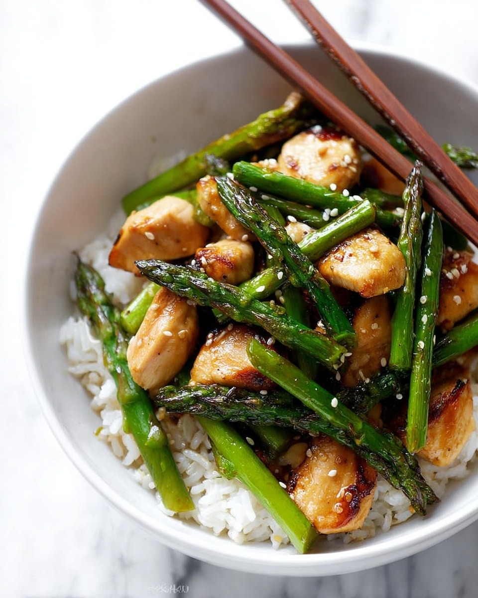 The image shows a white bowl filled with a layer of white rice at the bottom. On top of the rice, there are pieces of golden brown cooked chicken scattered evenly. Bright green asparagus stalks are placed over the chicken pieces, some with light grill marks. The dish is sprinkled with small white sesame seeds. A pair of chopsticks rest on the edge of the bowl. The bowl is placed on a white marbled surface. photo taken with an iphone --ar 4:5 --v 7