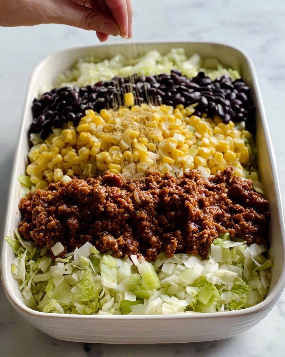 A white rectangular dish with layers starting at the bottom with roughly chopped pale green cabbage and celery, topped by a layer of browned ground meat with a textured, crumbly surface, then a middle layer of shiny, dark black beans, and finally a top layer of bright yellow corn kernels. A woman's hand is visible on the left side sprinkling some ingredient above the dish. The dish sits on a white marbled surface. photo taken with an iphone --ar 4:5 --v 7
