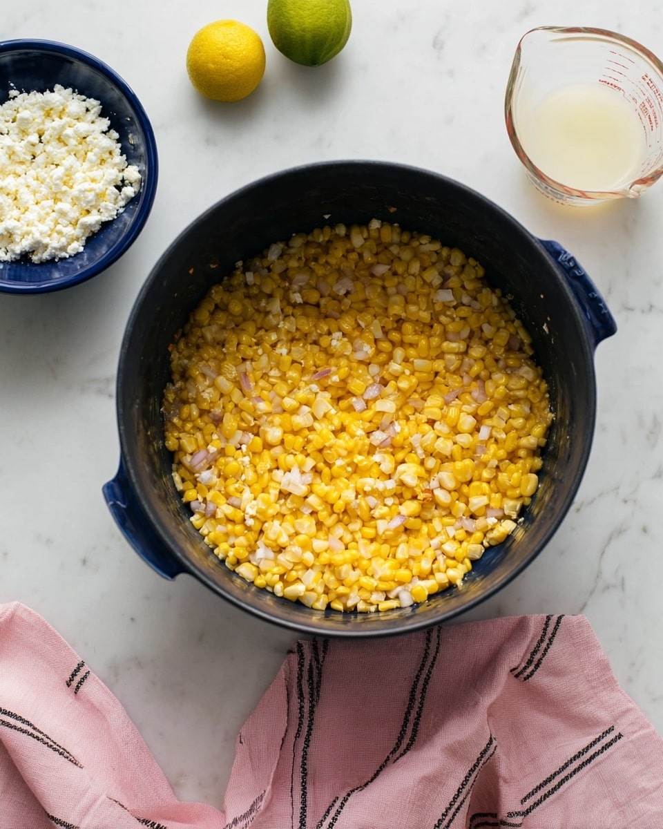 A dark blue pot holds a single layer of cooked yellow corn kernels mixed with small pieces of finely chopped onion, creating a soft, slightly shiny texture. Around the pot on a white marbled surface, there are two yellow lime halves, a blue bowl filled with crumbly white cheese, and a clear measuring cup with a light creamy liquid. Below the pot, a pink cloth with thin black stripes is spread out softly. The scene is bright and clean, emphasizing the colors and textures of the ingredients. photo taken with an iphone --ar 4:5 --v 7