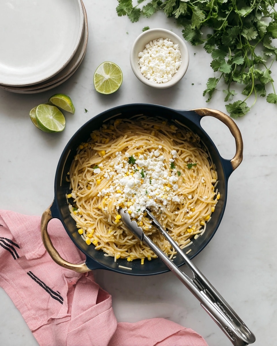A black pot filled with light yellow cooked noodles mixed with small corn kernels, topped with a layer of white crumbled cheese in the middle, with silver tongs resting inside the pot. To the upper right, fresh green cilantro leaves are scattered on a white marbled surface along with three lime wedges. Above the pot, a small white bowl holds more white crumbled cheese. Two empty white plates are stacked on the left side of the image, and a pink cloth with thin black stripes lies at the bottom of the scene. Photo taken with an iphone --ar 4:5 --v 7