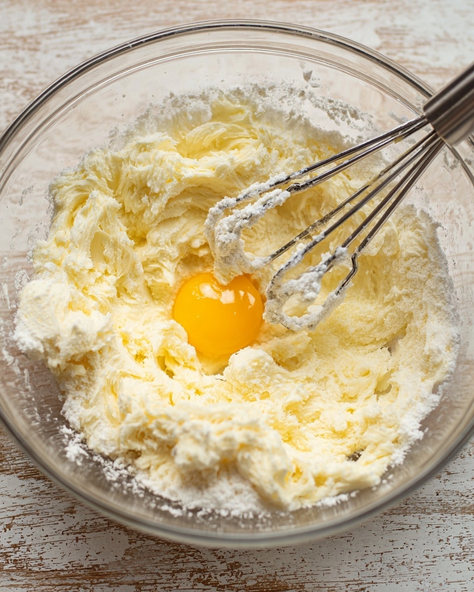 A clear glass bowl sits on a wooden surface with a white marbled texture, containing a mix of creamy, off-white butter and sugar that looks light and fluffy. In the center, there is a single bright yellow egg yolk, smooth and shiny. Two metal beaters from a hand mixer rest inside the bowl, covered in the creamy mixture, showing the rough texture of the mixed ingredients. The scene captures the moment before the egg is mixed in. photo taken with an iphone --ar 4:5 --v 7