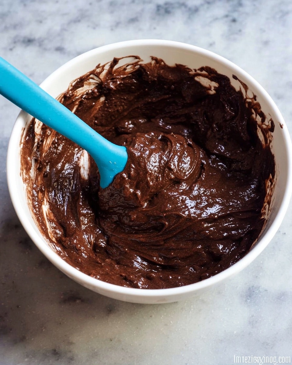 A white bowl filled with thick, dark brown chocolate batter with a shiny, smooth, and slightly lumpy texture. A blue spatula lifts some of the rich batter from the bowl, showing its dense and creamy consistency. The bowl is placed on a white marbled surface. photo taken with an iphone --ar 4:5 --v 7