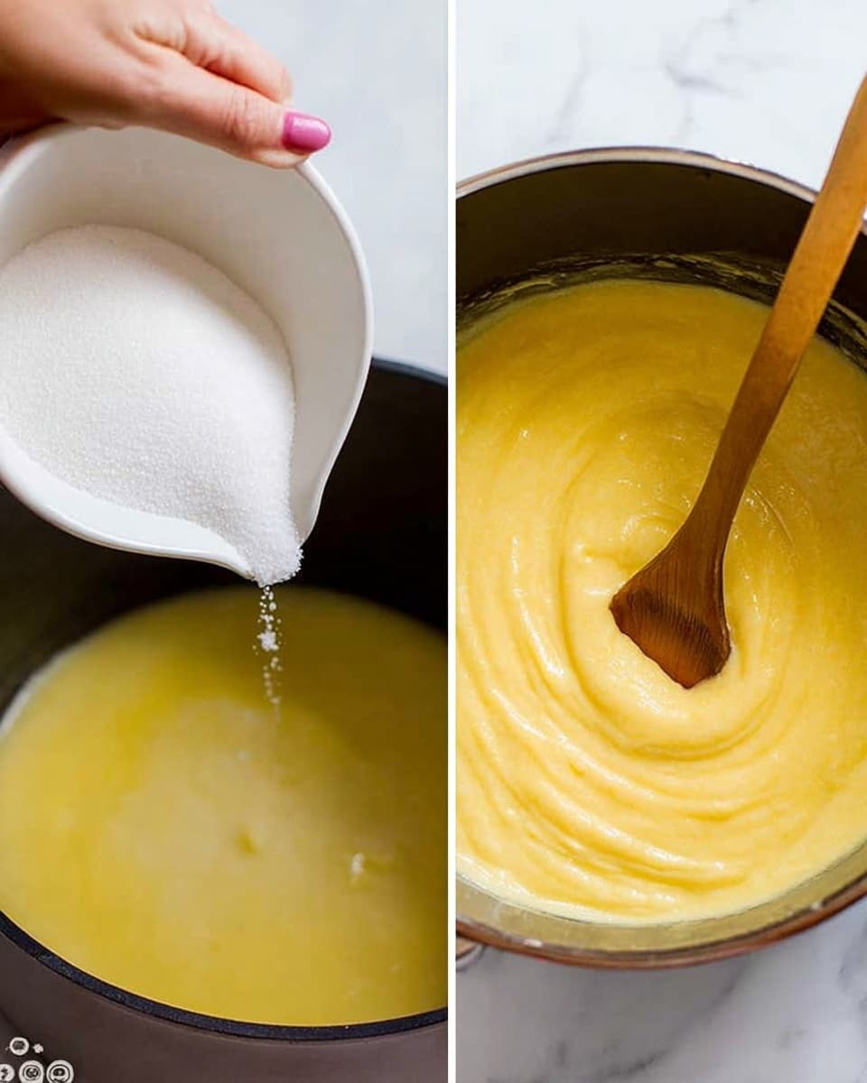 The image shows two side-by-side close-up photos. On the left, a woman's hand is pouring white granulated sugar from a white bowl into a black pot filled with melted yellow butter, while a wooden spoon stirs the mix. On the right, the pot contains a smooth, thick yellow mixture, stirred by the wooden spoon, showing a creamy texture. The background surface is a white marbled texture. Photo taken with an iphone --ar 4:5 --v 7