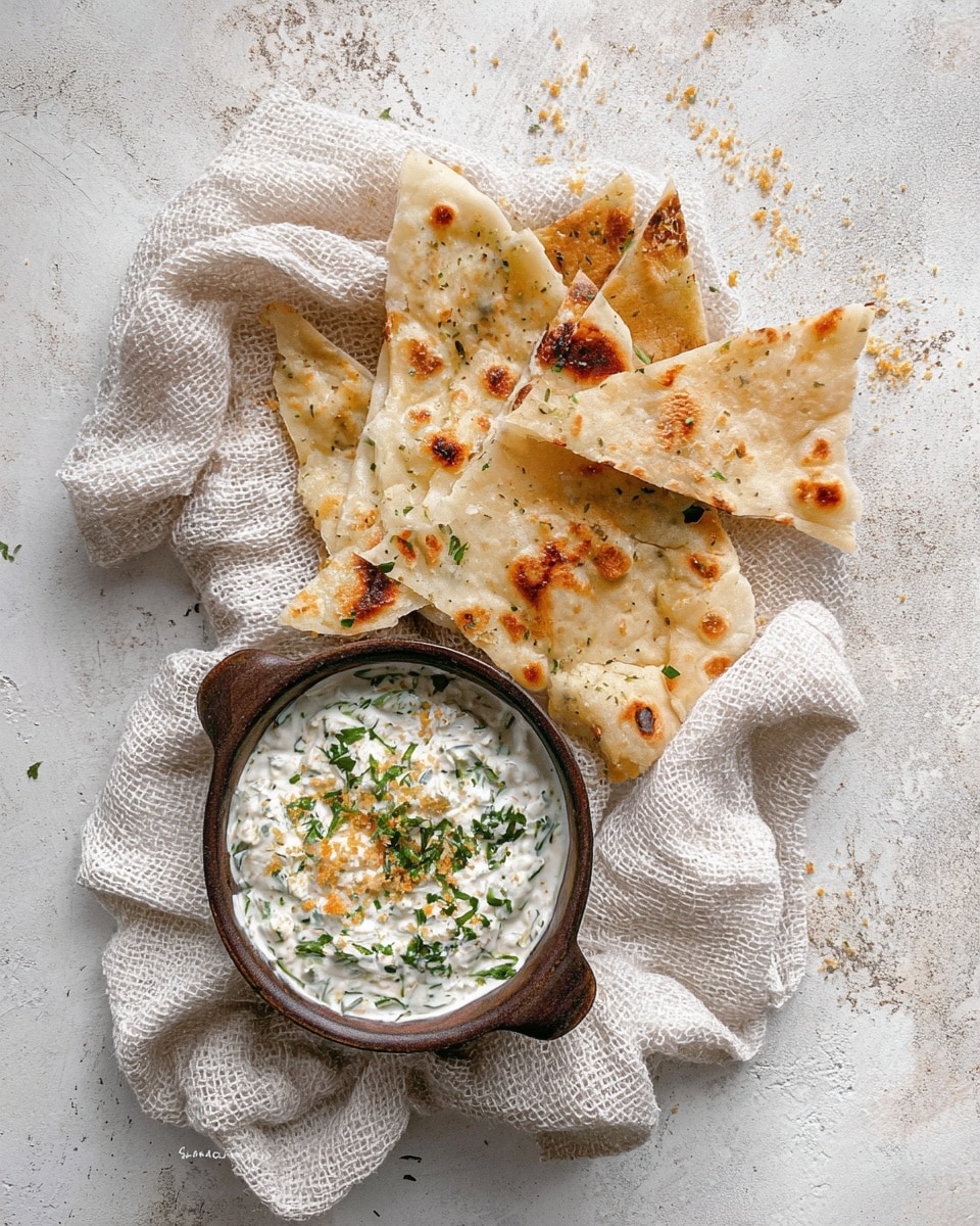 The image shows torn flatbread pieces with golden brown spots arranged in a loose pile on a white marbled surface. Next to the bread, there is a small dark brown bowl with a single handle, filled with creamy white dip that has green herbs and small bits mixed throughout, topped with sprinkled chopped greens and light orange crumbs. A white textured cloth is placed underneath and around the bowl, creating a soft contrast against the surface. photo taken with an iphone --ar 4:5 --v 7