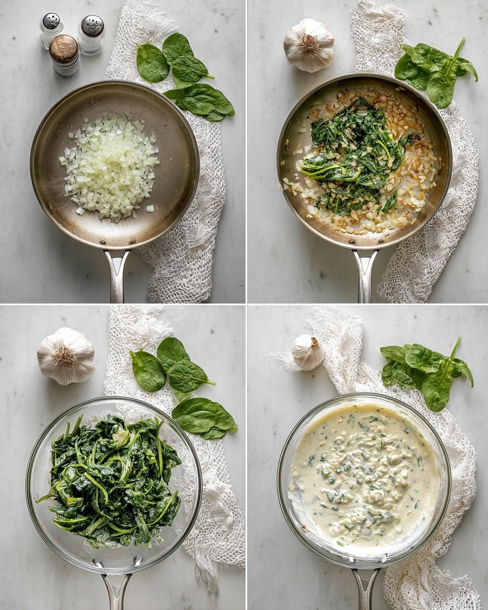 The image shows a four-step cooking process on a white marbled surface with fresh spinach leaves, a whole garlic bulb, salt and pepper shakers, and a white lace cloth nearby. In the first frame, finely chopped white onions lay flat in a silver pan. In the second frame, wilted, chopped green spinach sits on top of light golden sautéed onions in the pan. The third frame shows a clear glass bowl with a mix of sautéed spinach and onions resting on a layer of white creamy sauce. The fourth frame captures the same bowl, but now the mixture is fully combined with the creamy sauce, showing a pale green, thick creamy dip. photo taken with an iphone --ar 4:5 --v 7
