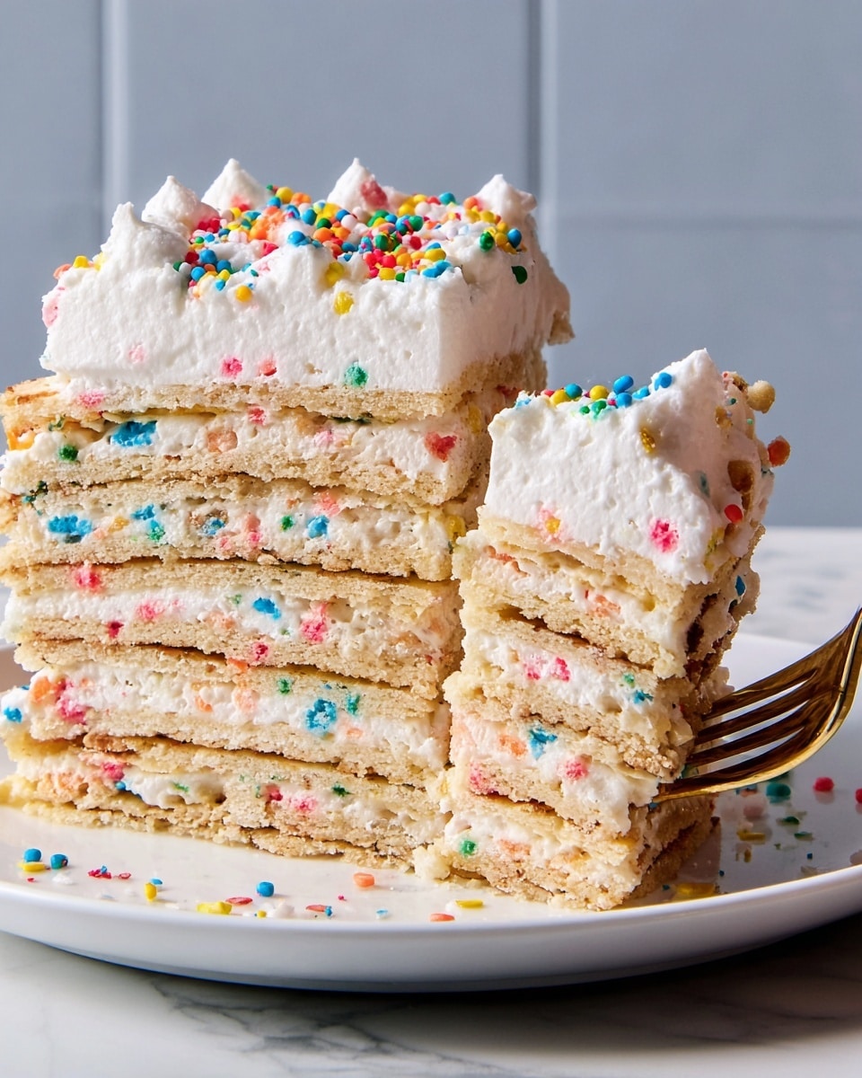 The image shows a close-up of a 7-layer slice of cake on a white plate, each layer made of light tan cake and white cream mixed with small colorful sprinkles. The top layer has a thick white cream edge with large dollops and bright multicolored sprinkles scattered on it. A fork holds a piece of the cake slice to the right, showing the same layers. The scene is against a white marbled surface with a plain light gray background. photo taken with an iphone --ar 4:5 --v 7