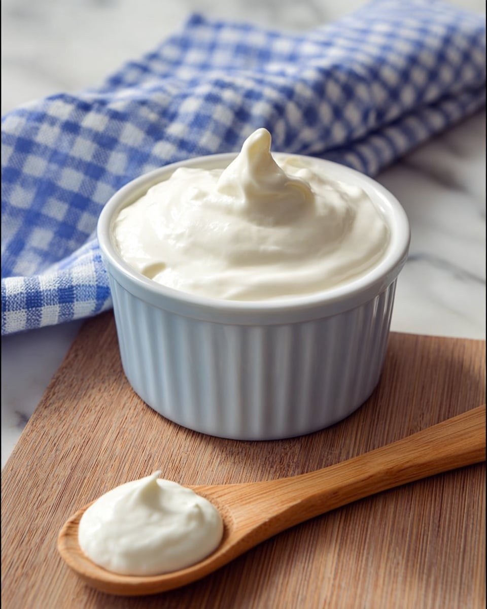 A small white ramekin filled with a smooth, thick white creamy sauce with a small peak in the center, placed on a wooden surface with a wooden spoon in front holding a dollop of the same cream. A blue and white checkered cloth is partially visible in the background on the white marbled texture. photo taken with an iphone --ar 4:5 --v 7