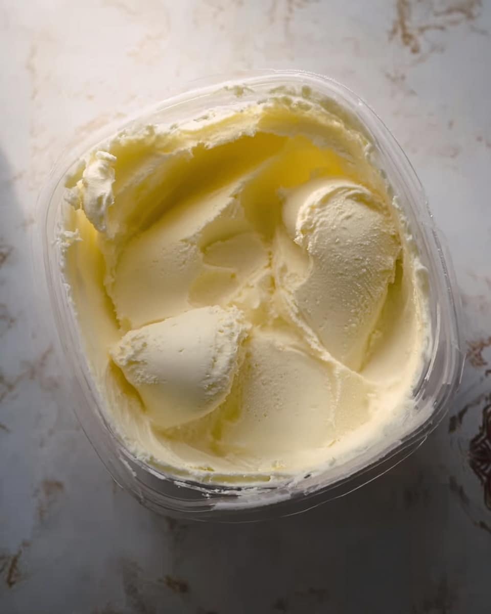 Inside a clear container, there is a smooth, creamy, pale yellow substance with soft, uneven scoops taken out from the middle, showing a slightly shiny texture. The container edges appear sticky with the same substance, and the background has a white marbled texture with hints of dark and light tones. The image has a close-up view from slightly above, focusing on the creamy texture inside the container. photo taken with an iphone --ar 4:5 --v 7