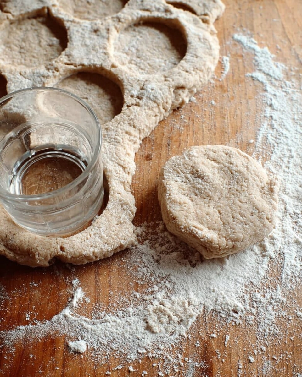 On a wooden surface dusted with white flour, a light brown dough is rolled out flat with rough edges. A clear glass is pressing down to cut circle shapes from the dough, with some circles already removed and others still attached. The dough looks soft and slightly grainy, with scattered flour around it, showing a busy baking scene. photo taken with an iphone --ar 4:5 --v 7